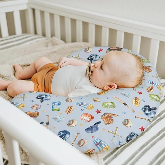Baseballs Patriotic Baby Nursing Pillow Covers for Boy Girl 4th of July Baseballs Bats Hats Nursing Pillowcase for Breastfeeding Pillows American Sports Soft Stretchy Slipcovers for Newborn Infant