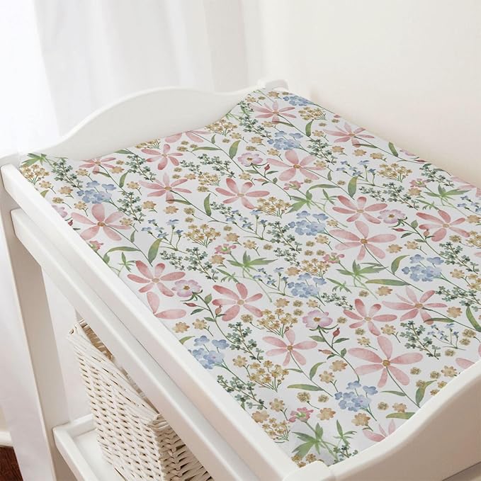 Boho Floral Changing Pad Covers for Boy Girl 32''x16'' Watercolor Wild Flowers Fitted Diaper Change Table Sheets Colorful Spring Nature Plants Art Soft Breathable Nursery Changing Table Cover Mats