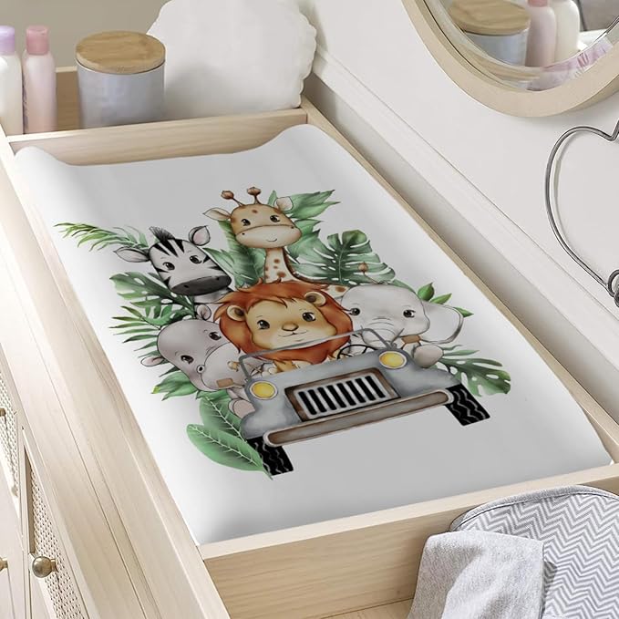 Jungle Safari Animals Truck Tropical Leaves Changing Pad Covers Elephant Giraffe Zebra Lion Hippo Diaper Change Table Sheets for Boy Girl Soft Stretchy Snug Fitted Changing Table Mats 32''x16''
