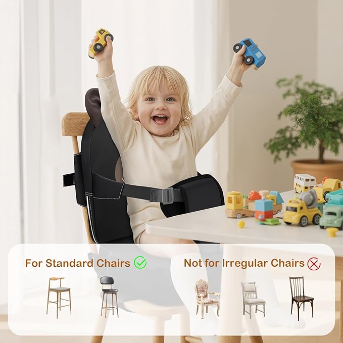 Booster Seat for Kitchen Chair, Toddler Kids Booster Seats for Dining Table with Backrest and Adjustable Strap, Portable PU Waterproof Travel Baby Boy Girl Booster Increasing Cushion (Black, OneSize)