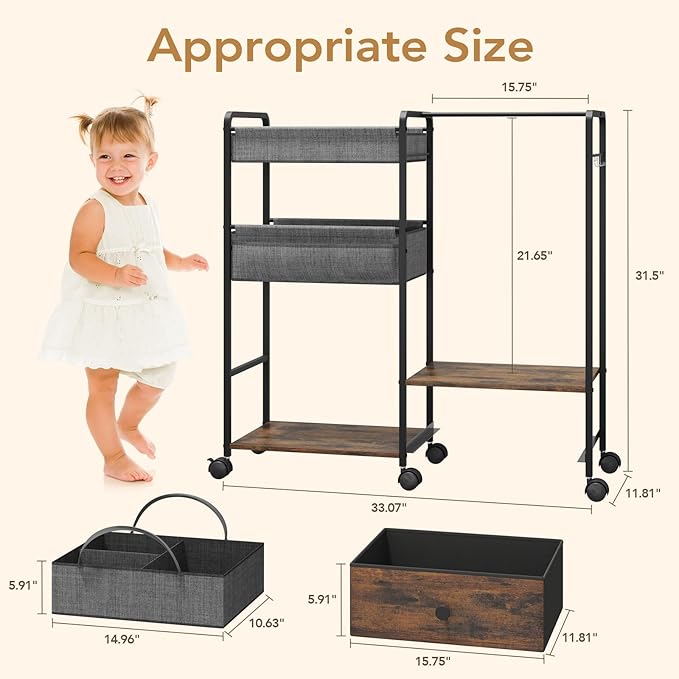 BBLIKE 3in1 Diaper Caddy Organizer - Diaper Caddy & Rolling Diaper Cart with Kids Clothing Rack for Nursery and Baby Essentials, Multi-Function Utility Cart for Bedroom and Bathroom, Black&Brown
