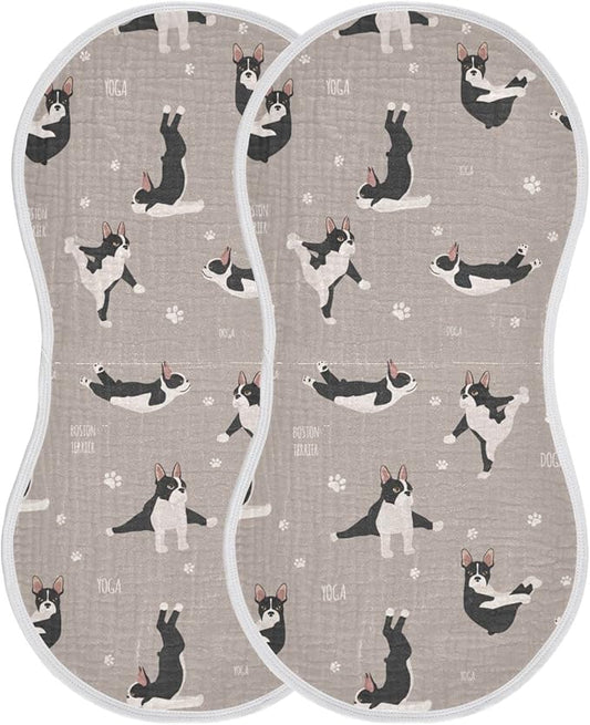 Yoga Boston Terrier Dog Pattern Muslin Burp Cloths for Baby 2 Pack 100% Cotton Baby Washcloths Bibs for Boy Girl