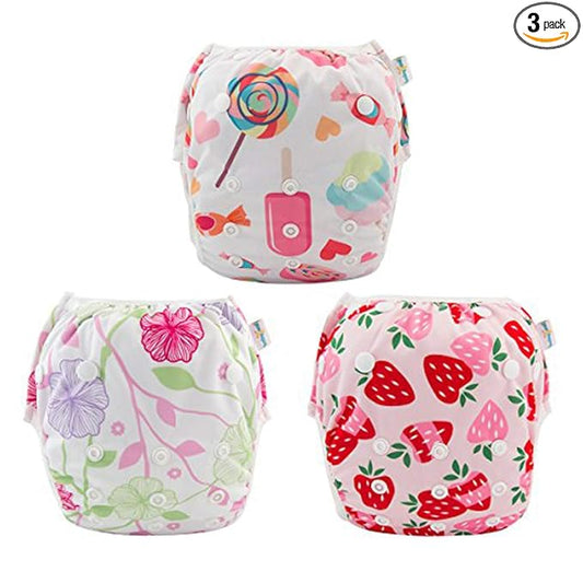 Babygoal Baby Girl and Boy Swim Diapers, Reusable Adjustable Washable One Size Fits 0-8M Baby Gifts and Swimming Lessons 3 Pack 3SD04