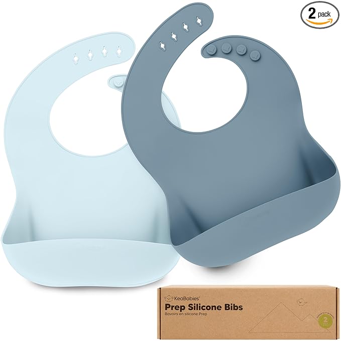 KeaBabies 2-Pack Silicone Bibs for Babies, Toddlers Girl, Boy – Sturdy Food-Grade Baby Bibs for Eating, Large Food Catcher, Clean & Put On Easily, Waterproof Toddler Feeding Essentials (Ocean)