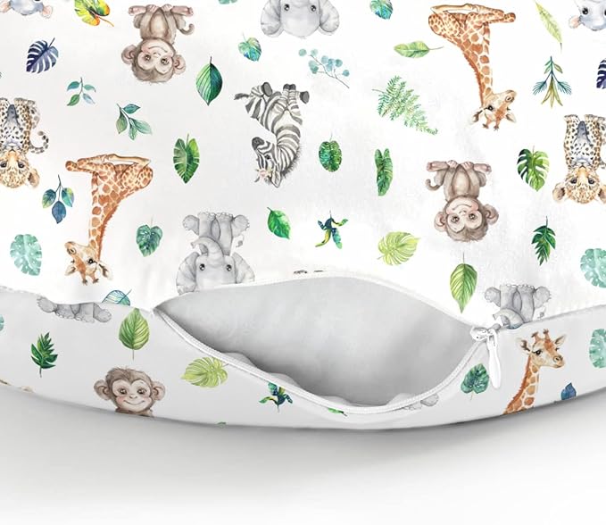 Tropical Safari Jungle Animals Green Leaves Baby Nursing Pillow Covers for Boy Girl Elephant Leopard Giraffe Hippo Nursery Pillowcase for Breastfeeding Pillows Soft Stretchy Slipcovers for Newborn