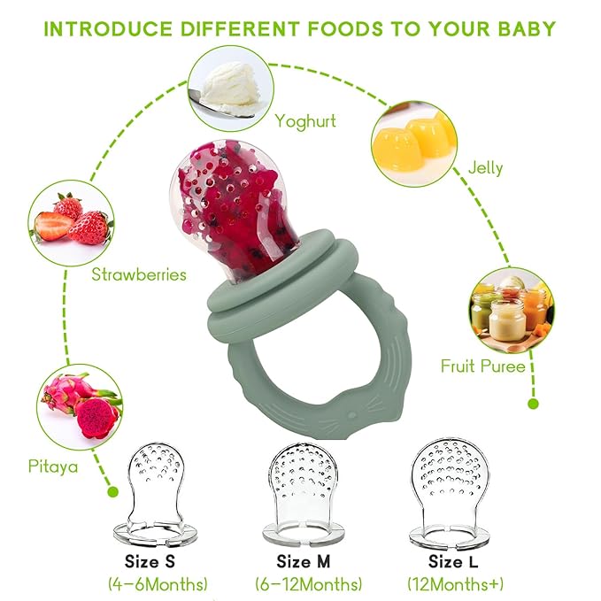 Socub Silicone Baby Fruit Food Feeder & Baby Food Freezer Tray Set, milk Popsicle Molds for Baby Teething Relief, Baby Food Pacifier Feeder for Self Feeding, Include 3 Sizes Food Pouch(Sand)