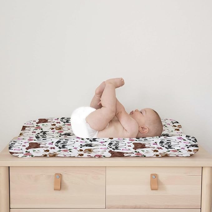 Cute Cows Changing Pad Covers Watercolor Cows Boho Floral Baby Nursery Diaper Changing Pad Sheets for Boys Girls Ultra Soft Breathable Stretch Changing Table Mat Sheets Cover 32''x16''