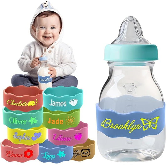 Personalized Water Bottle Name Bands Custom Coloring Silicone Labels Customized Silicone Baby Bottle Labels for Daycare Reusable Baby Bottle Straps for Kids Cups School Waterproof-Blue