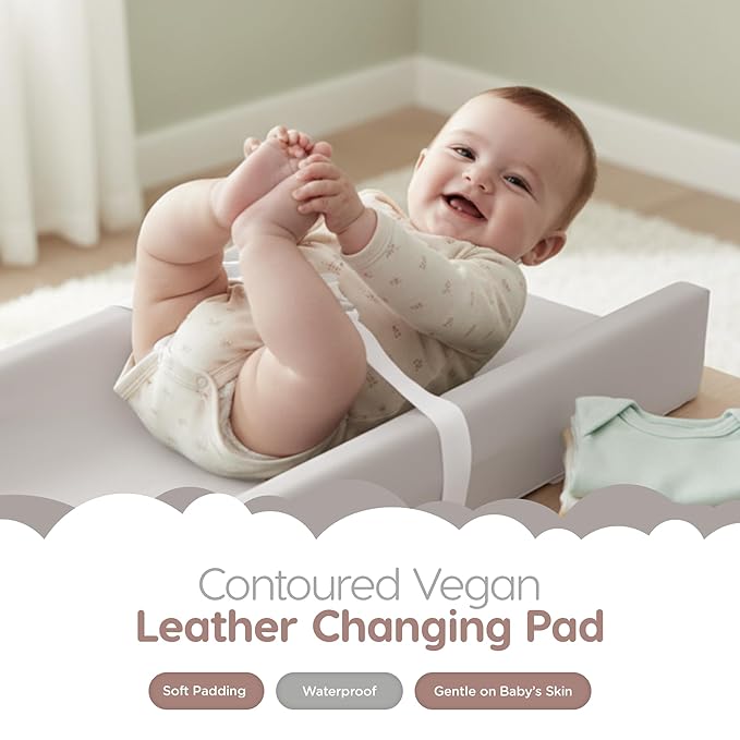 Waterproof Vegan Leather Contoured Baby Changing Pad | Wipe-Clean PU Leather Diaper Change Mat, Soft, Wipeable Removable & Washable Cover, Non-Slip Bottom, Standard Infant Diaper Table & Dresser Grey