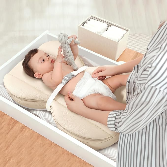 Baby Changing Pad, Waterproof Wipe-Clean PU Leather with High-Density Foam, Non-Slip Contoured Cushioned Edges with Adjustable Safety Strap, for Dresser & Changing Table, 28"×16", Beige