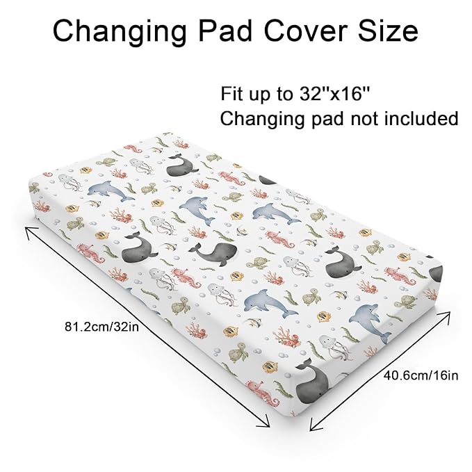 Sea Animals Changing Pad Cover Whale Dolphin Jellyfish Sea Horse Turtle Fish Coral Fitted Baby Change Table Sheets for Boy Girl Ocean Soft Stretch Fitted Changing Table Pad Cover Mats 32''x16''