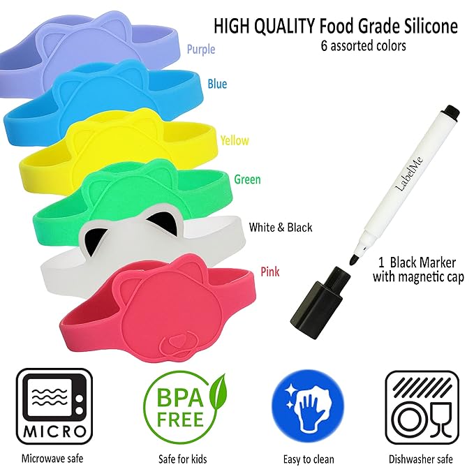 Silicone Baby Bottle Labels for Daycare, Home, and Travel Organization, Fits Small Water Tumblers, Sippy Cups, Snack Containers, and Food Jars, Cute Animal Shapes, Includes Waterproof Marker