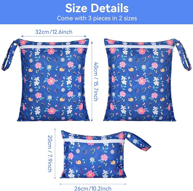 OTraki 3 Pack Waterproof Wet Dry Bag with Zippered & Handle Reusable Wet Clothes Bag Baby Cloth Diaper Wet Bags for Swimming Travel Beach Pool Gym,Drying Do Not Exceed 176℉ (Flower Pattern)