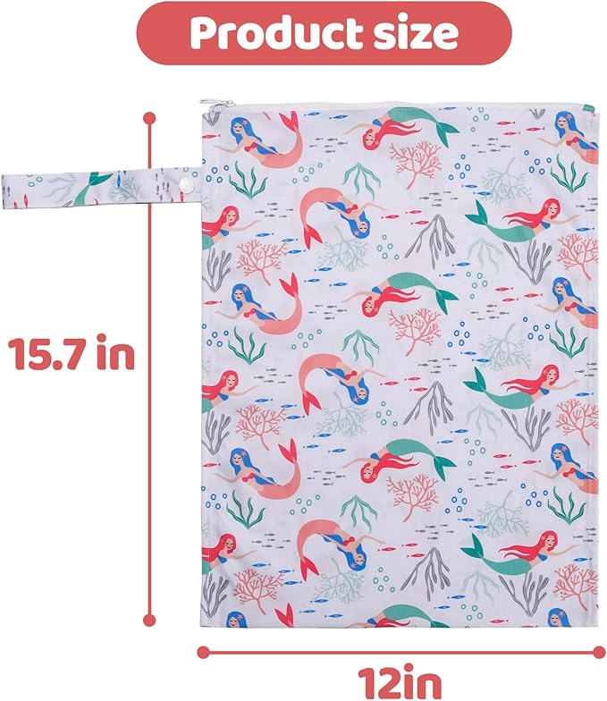 2pcs Baby Diaper Mess-proof Wet Bags,Waterproof Reusable Travel Storage Stroller Daycare Soiled Items Beach Pool Yoga Gym Bag for Wet Toddler Swimsuits -Mermaid