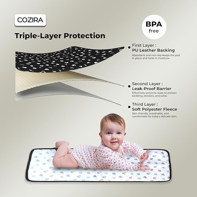 Waterproof Baby Changing Pad Liners - 3 Layer Quilted Absorbent Diaper Changing Mat - Reusable Washable Changing Table Pad - 13.8 x 23.2 Inch - Black