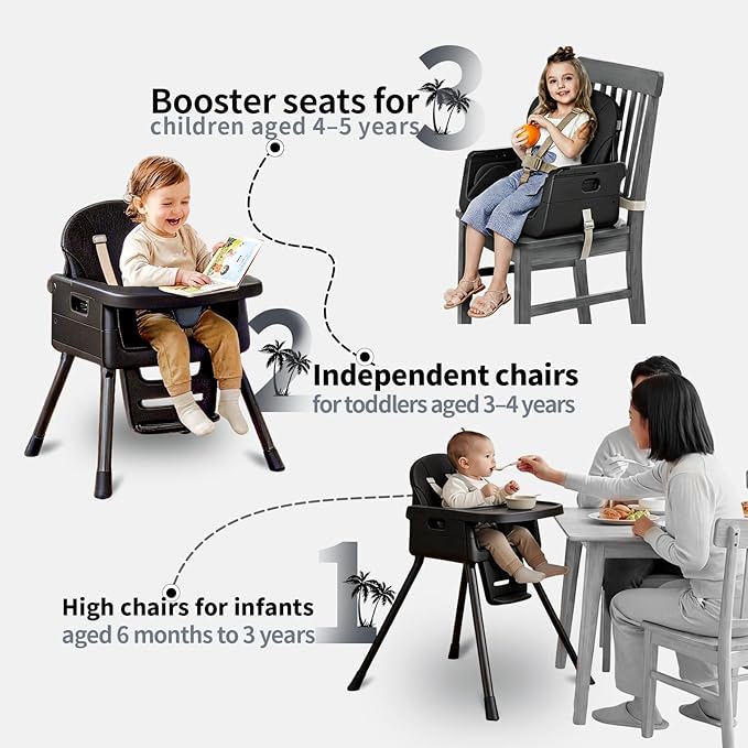 Portable High Chairs for Babies and Toddlers, Convertible Baby Feeding Chair with Tray, Easy Clean High Chair for Toddler with Foot Rest, Infant Highchairs & Booster Seats with Cushion Black