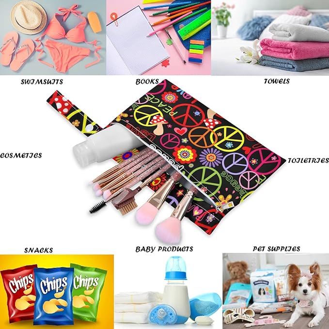 visesunny Hippie Peace Symbol Mushroom And Abstract Flower 2Pcs Wet Bag with Zippered Pockets Washable Reusable Roomy for Travel,Beach,Pool,Daycare,Stroller,Diapers,Dirty Gym Clothes, Wet Swimsuits, T