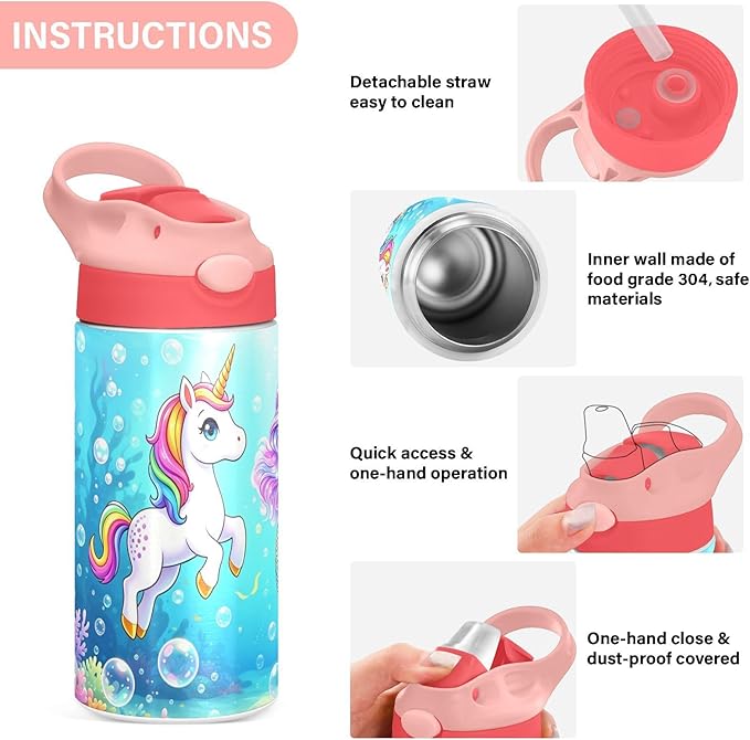 Unicorn Cat with Wings Insulated Water Bottle 20 oz with Straw and Carry Handle Galaxy Space Stars Boys Girls Bottle Vacuum Stainless Steel Bottles Leak-Proof for Sports Travel and School