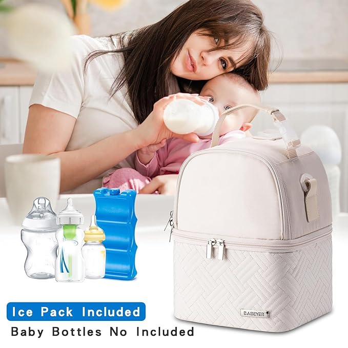 Breastmilk Cooler Bag with Ice Pack Fits 6 Baby Bottles up to 9 Ounce, Breast Milk Pump Cooler Bag with Shoulder Strap for Nursing Mom Daycare, Work, Travel- Cream