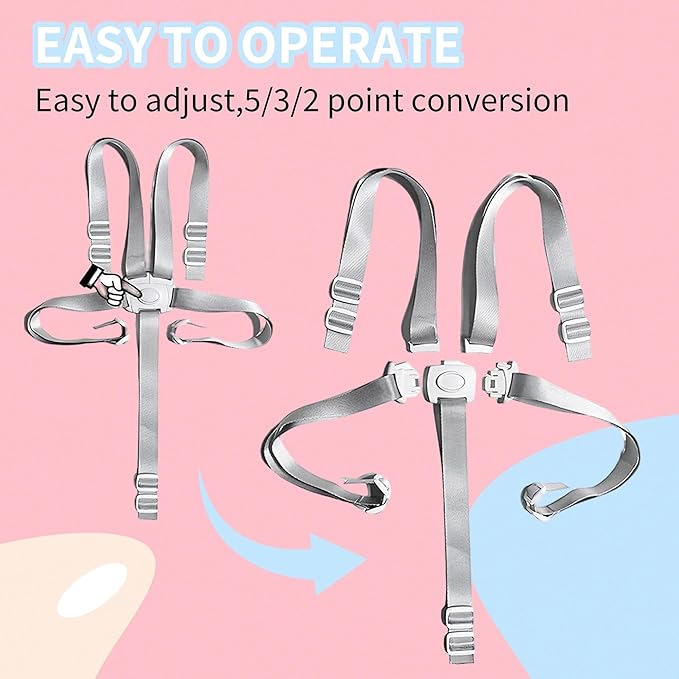 Universal 5-Point Harness Replacement Straps - Adjustable, Washable Safety Belt Compatible with High Chairs & Strollers, Secure Baby & Toddler Seating