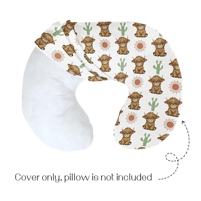 HawSkgFub Highland Cow Boho Cactus Sun Nursing Pillow Cover for Baby Boy Girl, Western Hyland Cattle Themed Breastfeeding Pillow Slipcover, Cow Lover Nursing Pillowcase for Newborn Infant, Cover Only