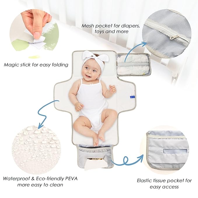 Portable Diaper Changing Pad Travel Baby Changing Mat Waterproof Diaper Changing Mat Foldable Lightweight Baby Changer with Built-in Pillow Dotty Green