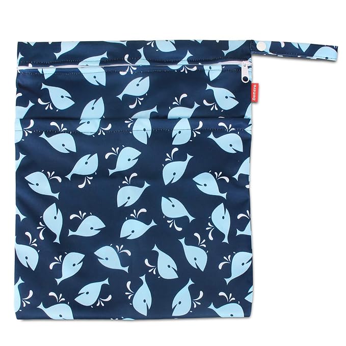 Damero Cloth Diaper Wet Dry Bag with Handle for Swimsuit, Pumping Parts, Wet Clothes and More, Ideal for Travel, Exercise, Daycare, Swimming, Reusable and Water-Resistant (Medium,Whale)