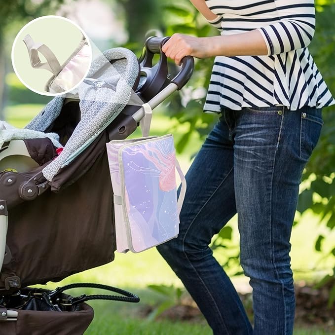 Portable Diaper Changing Pad Travel Baby Changing Mat Waterproof Diaper Changing Mat Foldable Lightweight Baby Changer with Built-in Pillow Cartoon Jellyfishes Bubbles Pastel Ocean Jellyfish