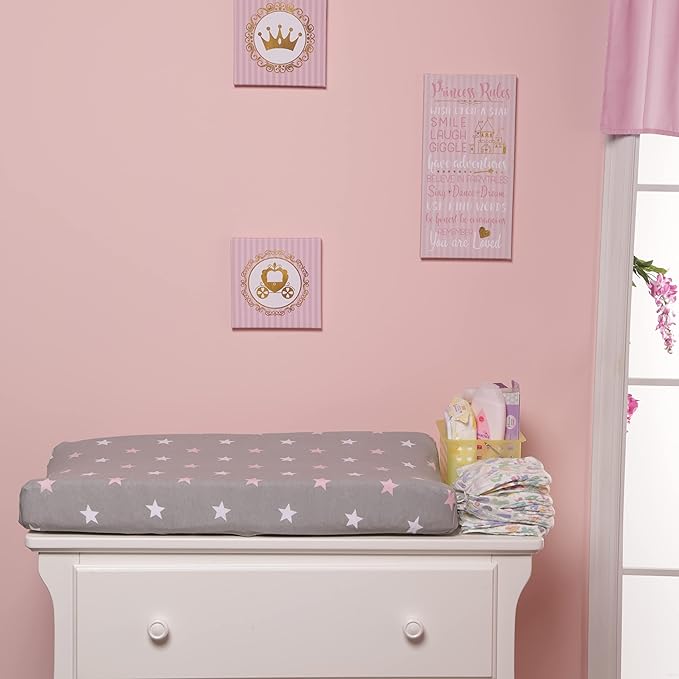 EVERYDAY KIDS 2 Pack Baby Changing Pad Covers for Baby Girl – Fits Most Changing Table Pads; 100% Cotton Jersey Knit, Breathable, Soft Changing Table Topper – Pink, Purple Owls and Pink, White Stars