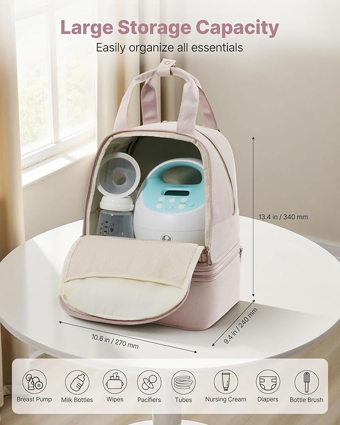 VEVOR Breast Pump Backpack, Breast Feeding Bag with Ice Pack, Compatible with Spectra S1/S2, Portable Pump Carrying Case for Breastmilk Storage, Work, Travel and Family Use, Light Pink