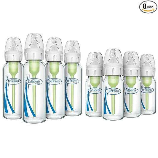 Dr. Brown's Anti-Colic Options + Narrow Glass Baby Bottle with Level 1 Slow Flow Nipple, BPA-Free, 0m+, 4 oz/120mL, 4-Pack + 8oz/250mL, 4-Pack