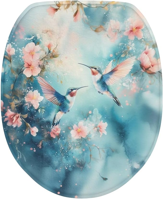 Hummingbird with Flower Toilet Lid Covers Soft Flannel Fabric Bathroom Dust Covers Elastic Bottom Soft and Breathable Seat Covers Toilet Seat Cover Set Universal for Most Toilet Bowl Lids