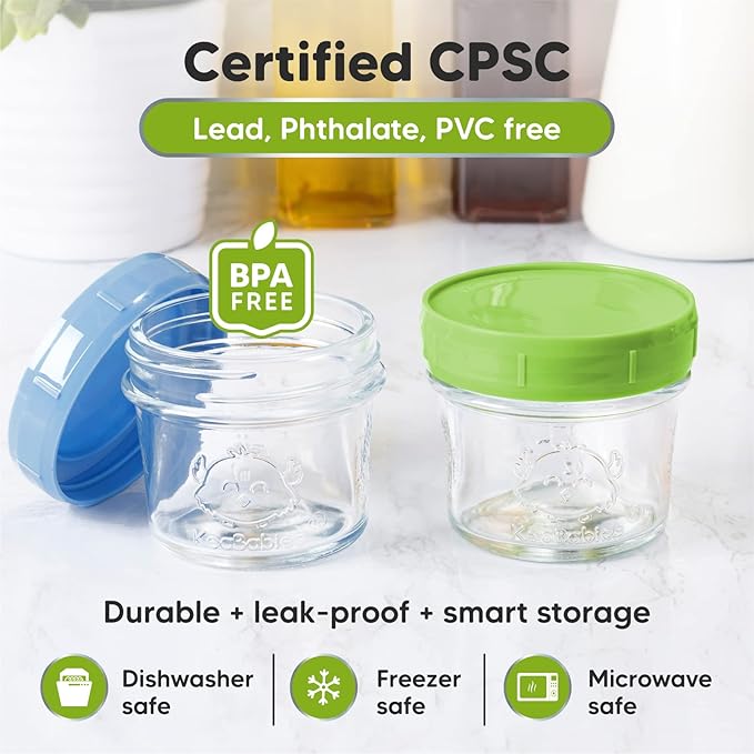 KeaBabies 12-Pack Baby Food Glass Containers and 2-Pack Baby Silicone Bibs - 4 oz Leak-Proof, Microwavable, Kids Food Storage Container, Waterproof, Easy Wipe Silicone Bib