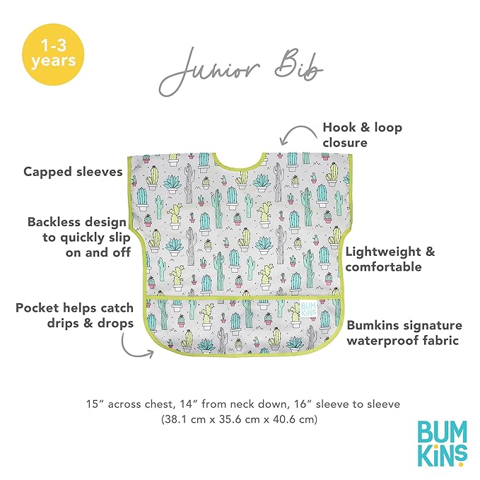 Bumkins Bibs, Baby and Toddler Bibs, Bibs for Girls and Boys, Large for 1-3 Years, Short Sleeve Bib for Kids, Mess Proof Lightweight Waterproof Fabric Bib