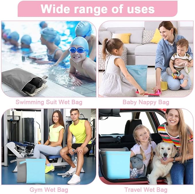 2PCS Wet Bags, Reusable Cloth Diaper Bags with Handle and Zipper, Lightweight Waterproof Travel Laundry Bag, Washable Wet Dry Bag for Baby Items Travel Beach Swimming Gym Camping(Grey&Blue)