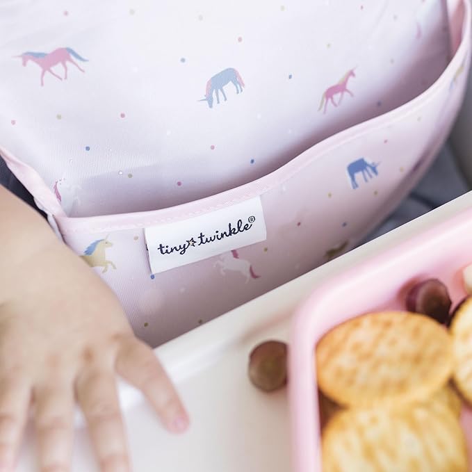 Tiny Twinkle Mess-Proof Baby Bibs for Eating | Waterproof, Wipeable Toddler Bibs with Catch-All Pocket | Feeding Bibs for Girls & Boys(3 Pack,Unicorn Set)