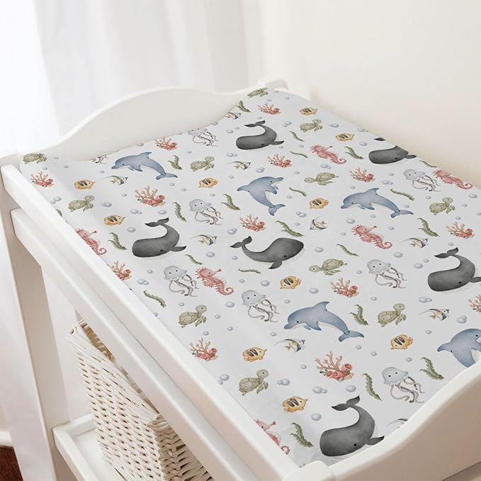 Sea Animals Changing Pad Cover Whale Dolphin Jellyfish Sea Horse Turtle Fish Coral Fitted Baby Change Table Sheets for Boy Girl Ocean Soft Stretch Fitted Changing Table Pad Cover Mats 32''x16''