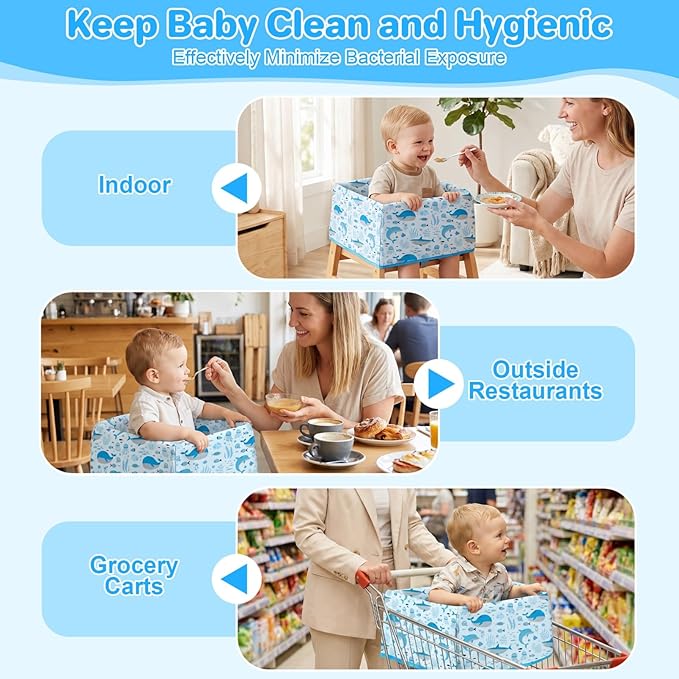 BEBOAN High Chair Cover for Restaurant, Portable Highchair Seat Covers with 3-Point Adjustable Safety Harness and Bag, for Eating/Travel/Home Use, Machine Washable, Fit Wooden Chairs (Blue Whale)