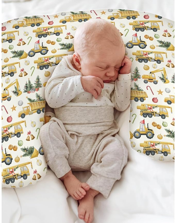 Christmas Trucks Construction Baby Nursing Pillow Covers for Boy Girl Dump Trucks Excavators Trees Nursery Pillowcase for Breastfeeding Pillows Winter Holiday Soft Stretchy Slipcovers for Newborn