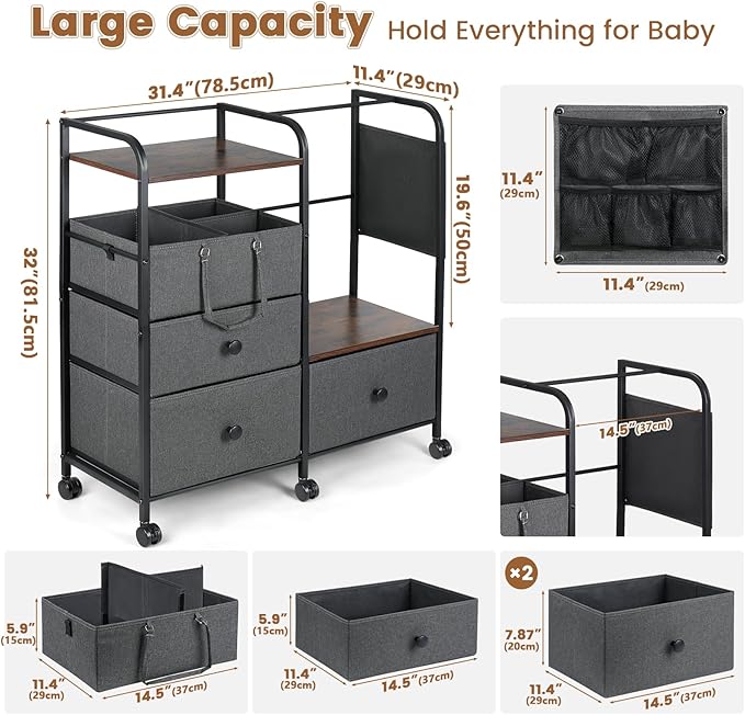 Orzbow Baby Diaper Caddy Cart Organizer and Storage | 4 Tier Baby Rolling Cart with Dividers and Drawers, Metal Rolling Utility Cart for Nursery, Bedroom, Changing Table & Crib, Easy to Assemble, Grey