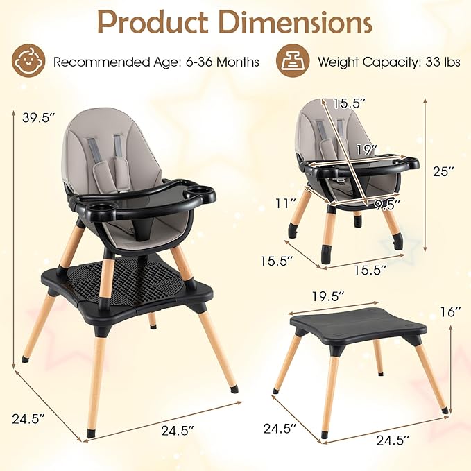 GLACER High Chair, 6-in-1 Convertible Wooden High Chairs for Babies and Toddlers w/Building Block Table, 5-Point Safety Harness, Removable Tray, PU Cushioned Baby High Chair for 6-36 Months (Black)