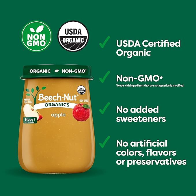 Beech-Nut Organic Baby Food Jars, Organic Apple Puree, Stage 1 Baby Food for Babies 4 Months and Up, Non-GMO, 4oz Glass Jars, 10ct
