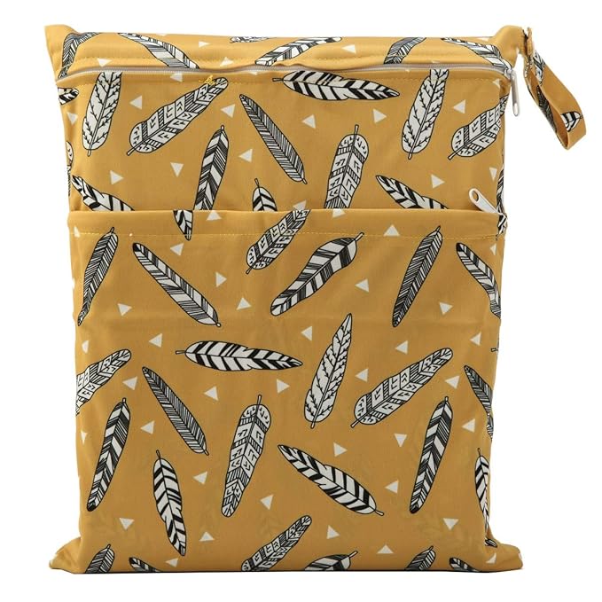 Medium Wet Dry Bag Baby Cloth Diaper Nappy Insert Bag Reusable Washable With Two Zippered Pockets (Gold Feather)