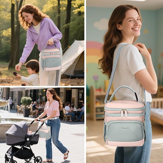 Mancro Expandable Breastmilk Cooler Bag Fits 6 Bottles Up to 9 Oz, Double Layer Breast Milk Travel Bag with Ice Pack, Wearable Breast Pump Bag with Stroller Straps for Nursing Moms, Pink and Grey