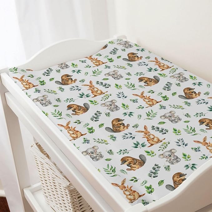 Baby Australian Animals Changing Pad Covers for Boy Girl 32''x16'' Koala Kangaroo Green Leaves Unisex Fitted Baby Changing Table Sheets Wildlife Soft Breathable Nursery Diaper Changing Table Mats