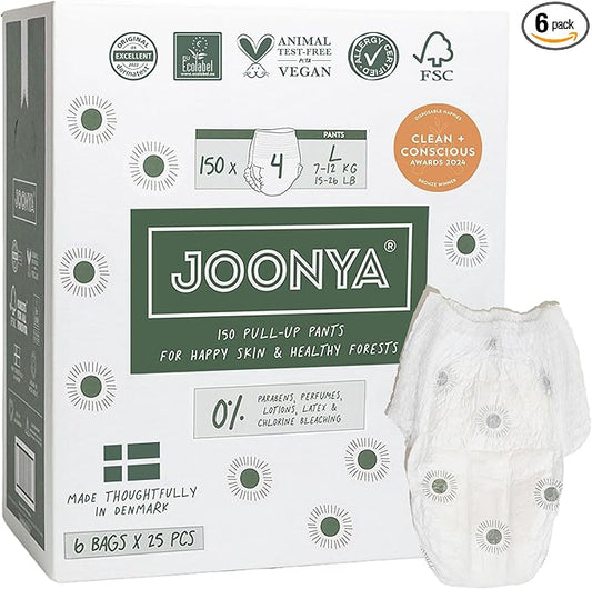 Joonya Pull-Up Pants Baby Diapers, Size 4 L (15-26 lb) - 6 Bags of 25 (150) - Non Toxic, Eco-Friendly, High Absorbency, Overnight Use, Ultra Slim & Soft - Made in Denmark
