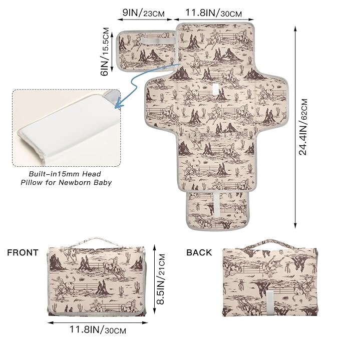 Western Portable Diaper Changing Pad with Wipes Holder, American Cowboy Foldable Baby Diaper Changer Travel Bag Cute Baby Changing Mat with Built-in Pillow for Newborn