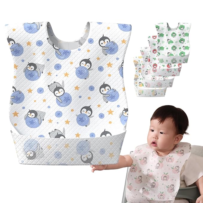 Disposable Feeding Bibs, 24 Individual Pack for Baby & Kids -Adjustable Adhesive Tabs, 13.78’’x 9.45’’ Toddler Bibs for Eating (【24pcs】 Oliver & Peach)