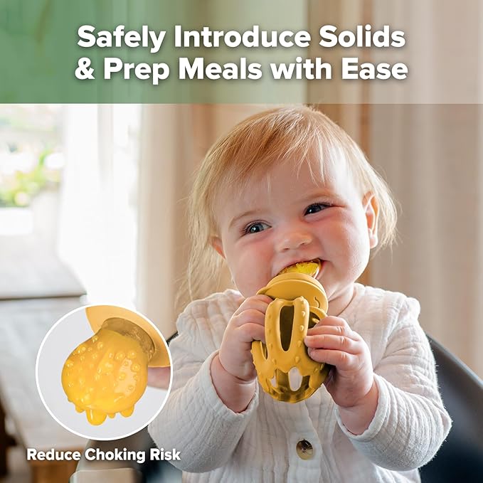 Haakaa Octopus Baby Fruit Food Feeder & Mini Freezer Nibble Tray Combo, Breastmilk Popsicle Molds for Cooling Relief, BPA Free Silicone Feeder for Safe Infant Self Feeding, 4 Month+（Mustard）