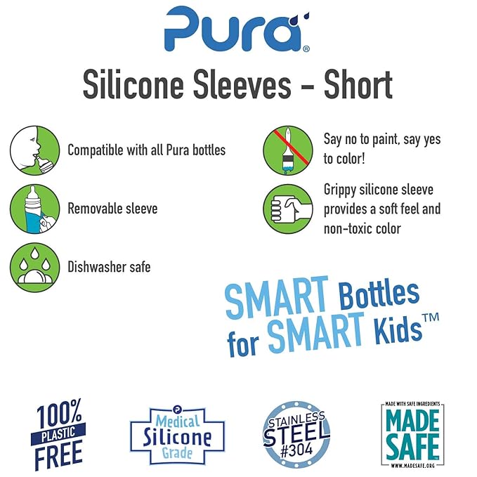 Pura Kiki Bottle Short Silicone Sleeves - Plastic-Free, Medical Grade, NonToxic, MadeSafe Certified | Adds Grip, Non-Slip, Removable | Provides Insulation for Hot & Cold Liquids | Green
